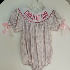 Pink Polka Dot Bubble with 'Child of God' Smocked Collar